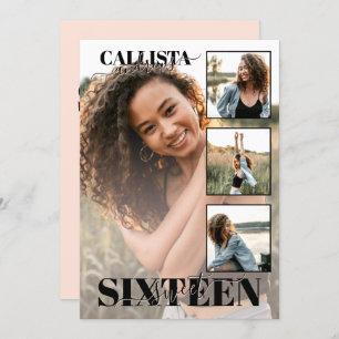 Convites Cor-de-rosa preto moderno Quatro Foto Doce 16