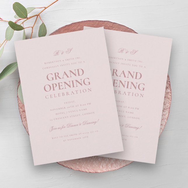 Convites Cor-de-rosa-rosado do Monograma de Grande Abertura (Formal Corporate Grand Opening Monogram Blush Pink Invitation)