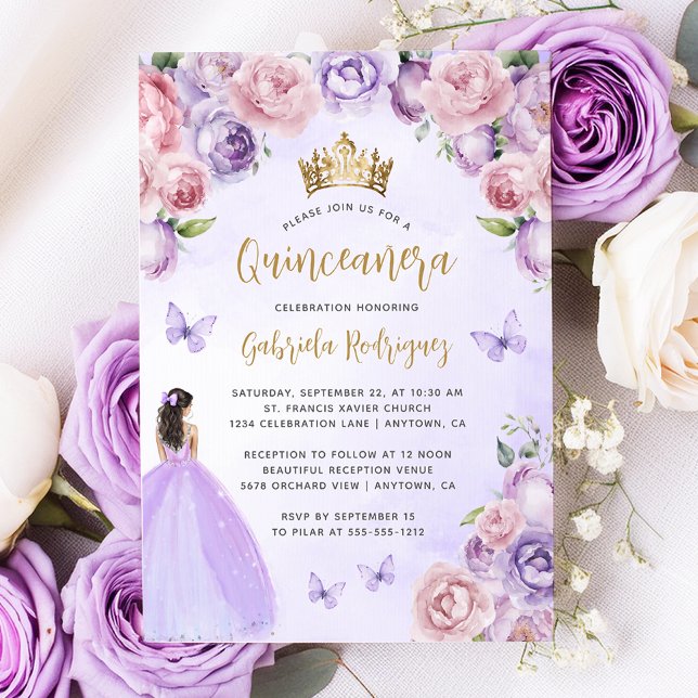 Convites Cor Dourada Floral Roxa Quinceañera (Criador carregado)