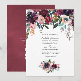 Convites Cor Floral de Vinho Bordeaux Código QR Casamento d