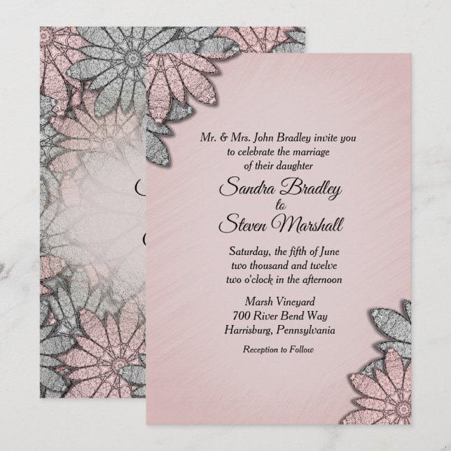 Convites Cor Rosa Chic Moderno Floral Casamento (Frente/Verso)