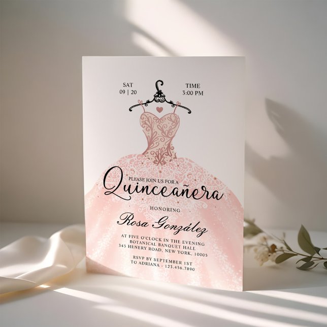 Convites Cor Rosa Esmagada Quinceañera Roya Branca (Blush Pink Quinceañera Roya Gown White Invitation)