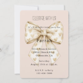 Convites Cora Creme Corações Laço Dourado Brilho Aniversári
