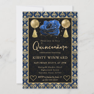Convites Coração Azul e Dourado Damasco e Rosa Quinceanera