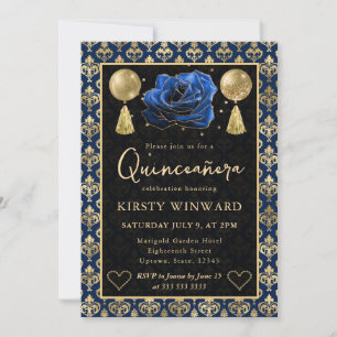 Convites Coração Azul e Dourado Damasco e Rosa Quinceanera