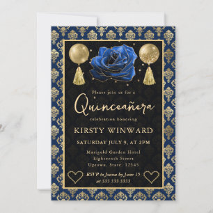 Convites Coração Azul e Dourado Damasco e Rosa Quinceanera