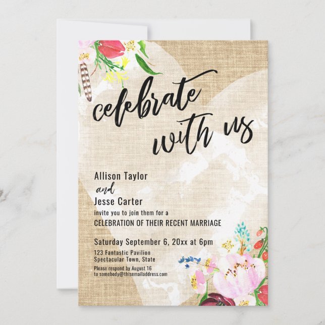 Convites Coração Boho Floral Burlap Celebre Conosco Festa (Frente)