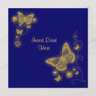 Convites Coração borboleta dourado festa elegante azul real