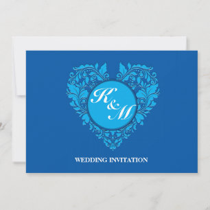 Convites Coração Cobalt Blue E Turquoise Damask do HeartPar