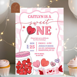Convites Coração Cor-de-Rosa Retro Doce Primeiro Aniversári