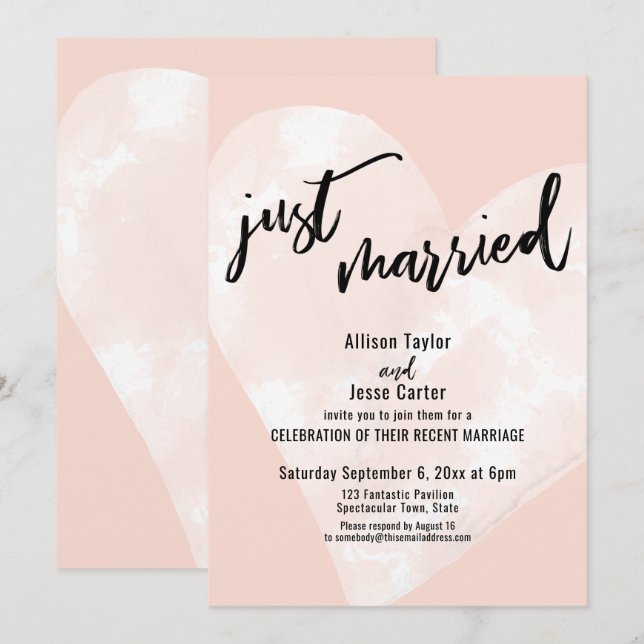 Convites Coração de Aquarela Branco Recém-Casados em Blush (Frente/Verso)