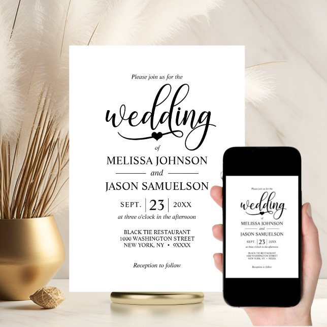 Convites Coração de Casamento Branco Negro Moderno | DIGITA (Modern Black White Wedding Heart  DIGITAL Invitation | DOWLOADABLE Download)