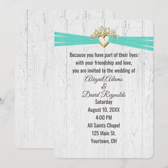 Convites Coração de Casamento com Fita Turquesa em Madeira (Frente/Verso)