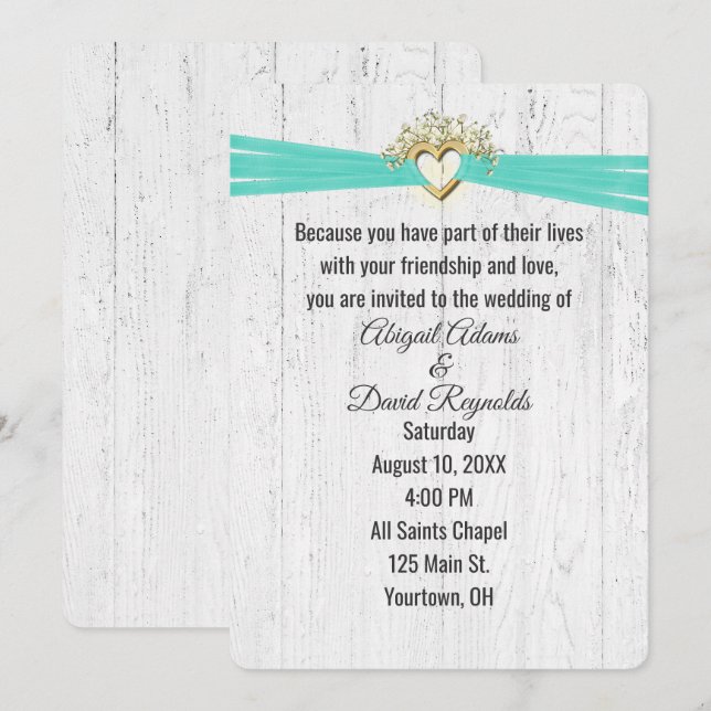 Convites Coração de Casamento com Fita Turquesa sobre Madei (Frente/Verso)