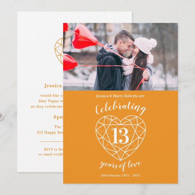 Convites Coração de citrino aniversário 13 anos foto laranj (Frente/Verso)