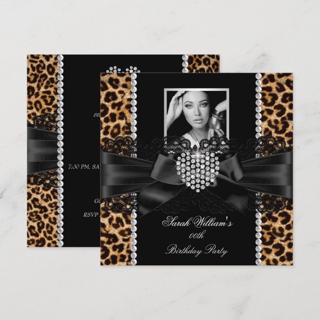 Convites Coração de Diamante com Renda de Leopardo Foto Fes (Frente/Verso)
