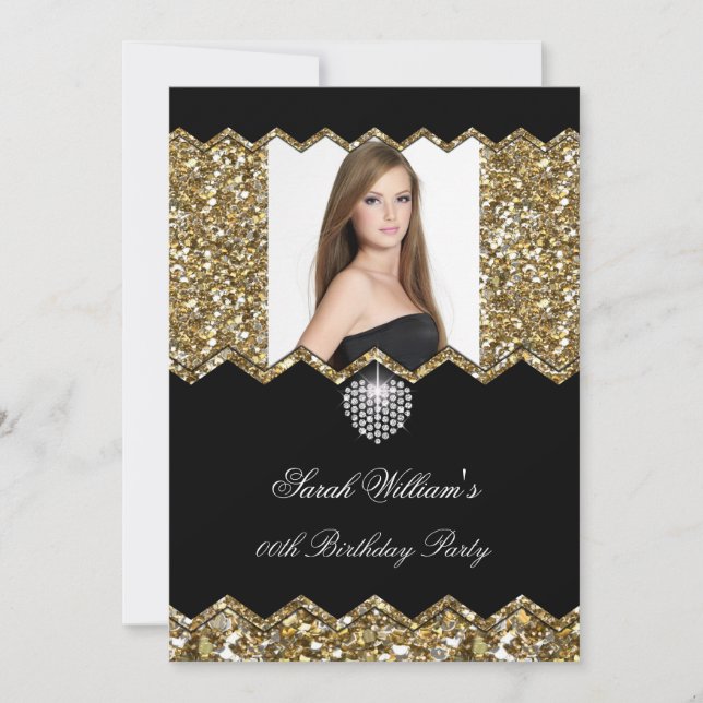 Convites Coração de Diamante Glitter Dourado Foto de Aniver (Frente)