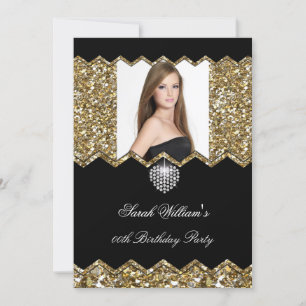 Convites Coração de Diamante Glitter Dourado Foto de Aniver