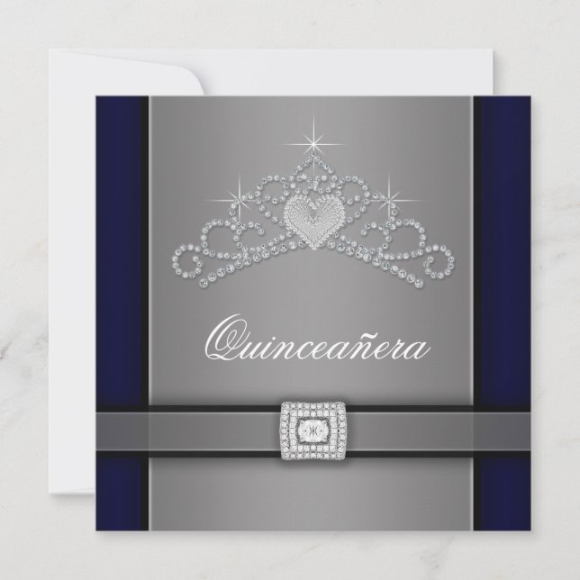 Convites Coração de Diamante Negro Silver Tiara Quinceanera (Frente)