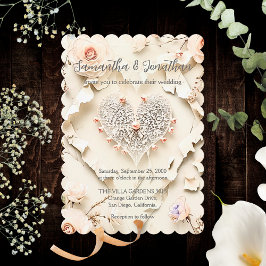 Convites Coração de Renda Marfim Floral Romântico Casamento