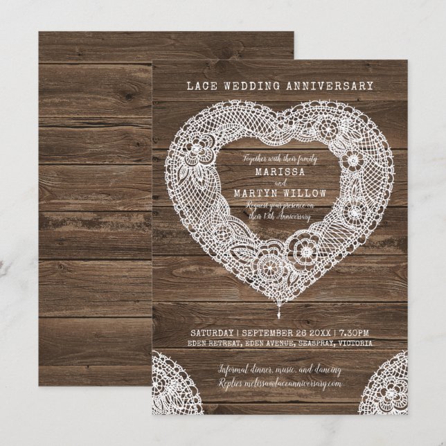 Convites Coração de renda rústico 13º aniversário de casame (Frente/Verso)