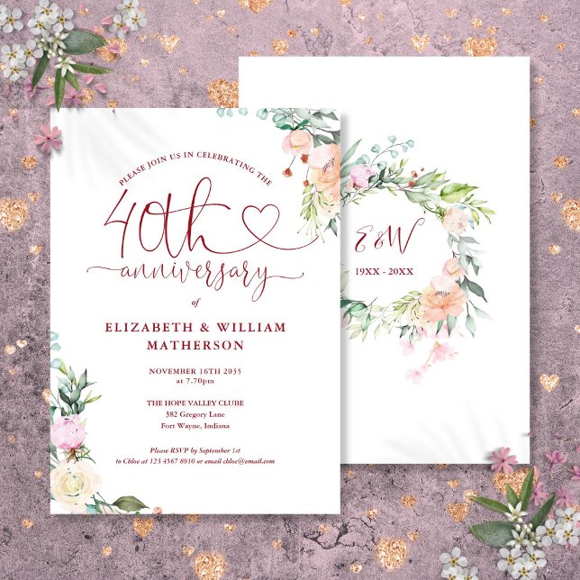 Convites Coração de Rubi do 40º Aniversário Floral Monogram (40th Anniversary Ruby Heart Floral Monogram Invitation)