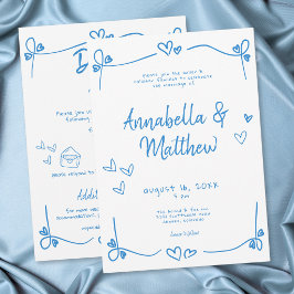 Convites Coração Desenhado à Mão Azul Casamento Moderno Cap