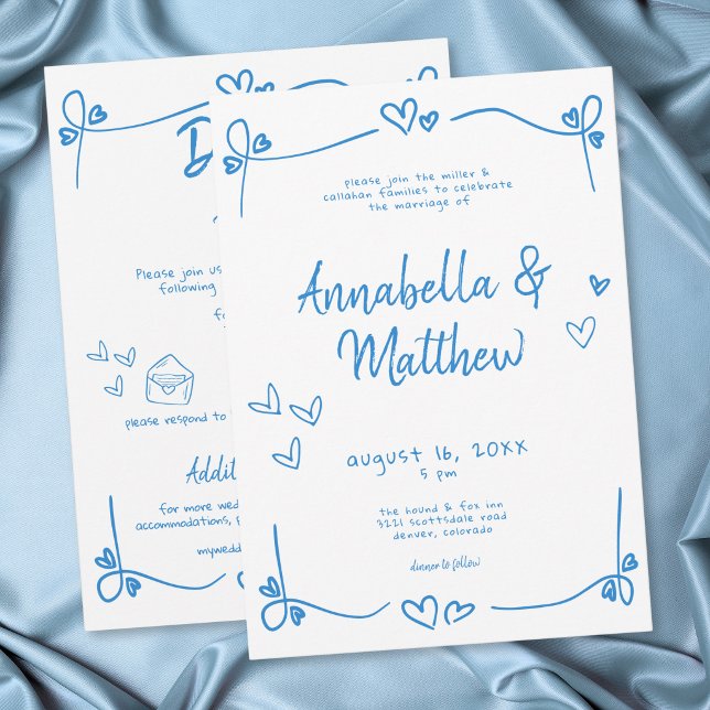 Convites Coração Desenhado à Mão Azul Casamento Moderno Cap (Blue Hand Drawn Heart Whimsical Modern Wedding Invitation)