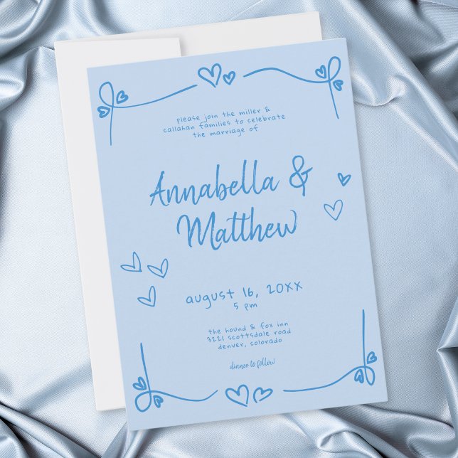 Convites Coração Desenhado à Mão Azul Casamento Moderno Cap (Blue Hand Drawn Heart Whimsical Modern Wedding Invitation)