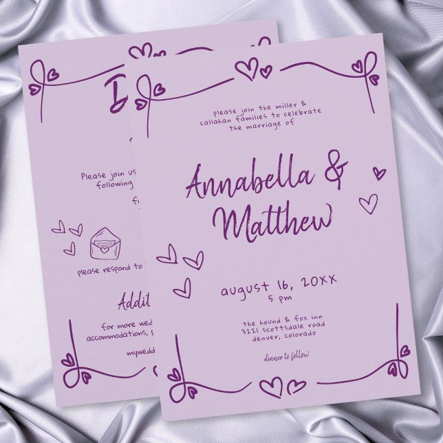 Convites Coração Desenhado à Mão Roxo Casamento Moderno Cap (Purple Hand Drawn Heart Whimsical Modern Wedding Invitation)