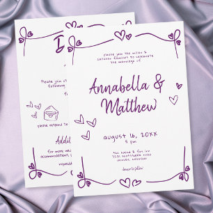 Convites Coração Desenhado à Mão Roxo Casamento Moderno Cap