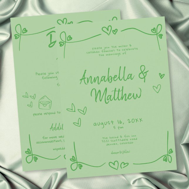 Convites Coração Desenhado à Mão Verde Casamento Moderno Ca (Green Hand Drawn Heart Whimsical Modern Wedding Invitation)