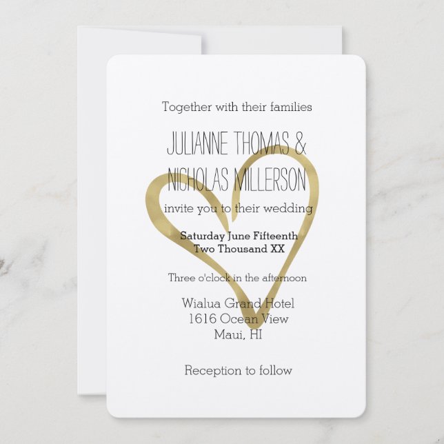 Convites Coração do Casamento Dourado (Frente)