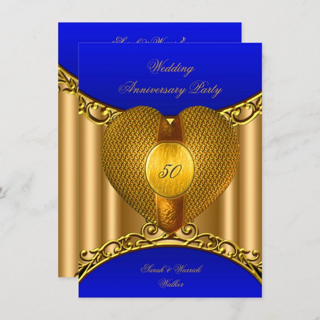 Convites Coração Dourado Azul Real 50º Aniversário (Frente/Verso)