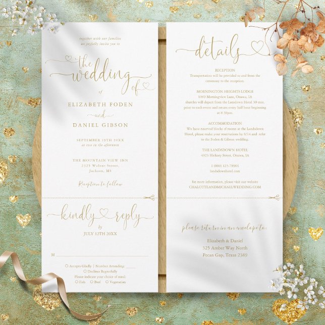 Convites Coração Dourado Moderno Script Tudo em Um Casament (Modern Gold Heart Script All In One Wedding Invitation)