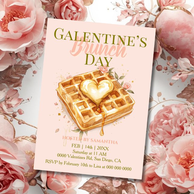 Convites Coração Dourado Waffle Galentine Brunch Pastel Flo (Criador carregado)