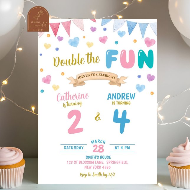 Convites Coração Dupla Celebração Menino Menina Aniversário (Criador carregado)