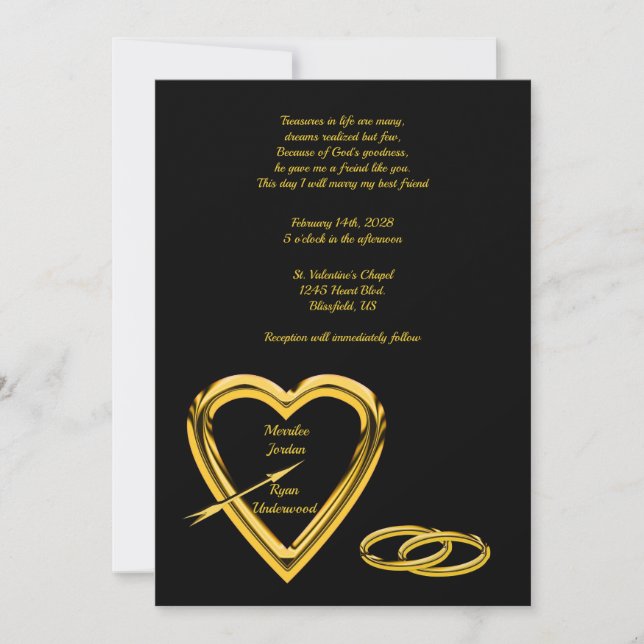 Convites Coração e Anéis em Ouro sobre Casamento Moderno Pr (Frente)
