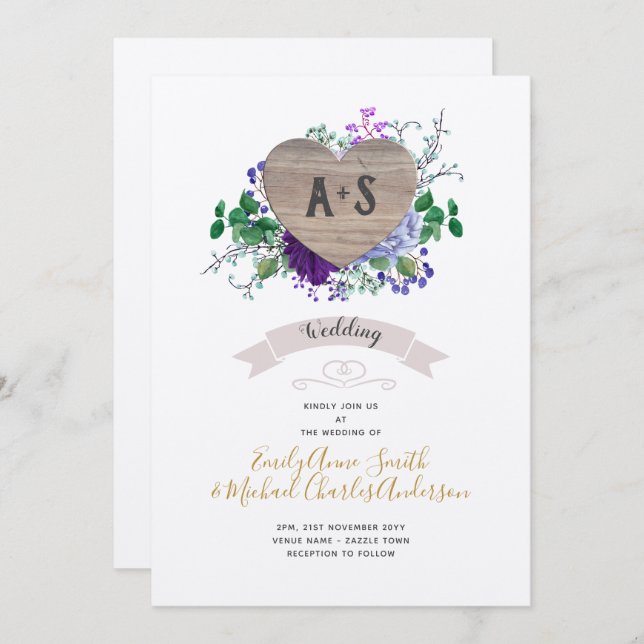 Convites Coração Eterno Casamento Azul Roxo (Frente/Verso)