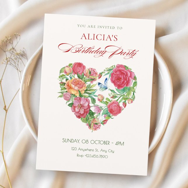 Convites Coração floral de aniversário (Criador carregado)