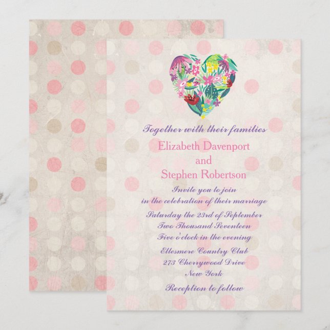 Convites Coração Floral de Summery em Casamento Rosa e Verd (Frente/Verso)