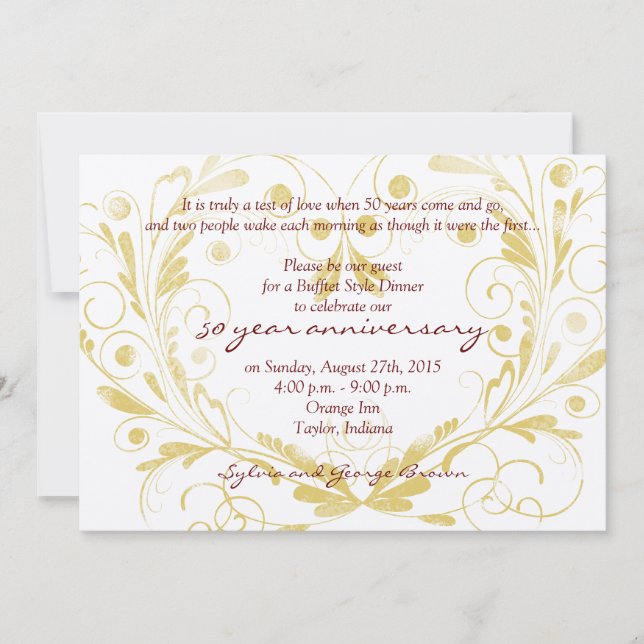 Convites Coração Floral Diamond 50º Aniversário de Casament (Frente)