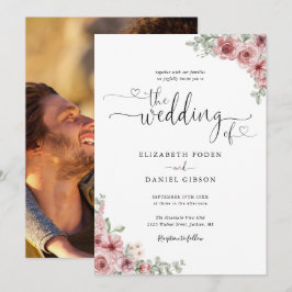 Convites Coração Floral Rosa Poeirento Script Foto Casament
