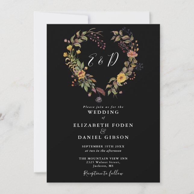 Convites Coração Floral Rústico Casamento Preto e Branco (Frente)