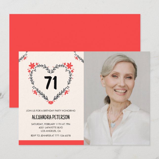 Convites Coração Floral Vermelho Elegante para seu aniversá (Frente/Verso)