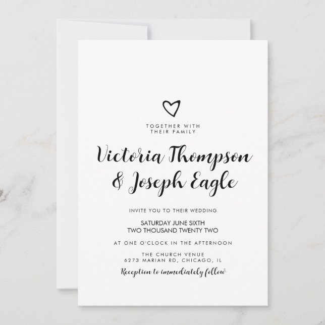 Convites Coração Inclinado Preto Branco Script | Casamento  (Frente)