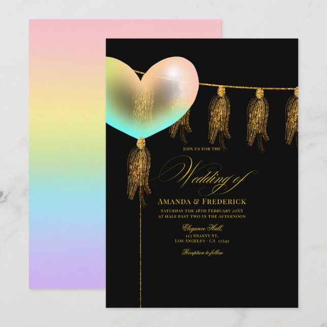 Convites Coração Iridescente Preto e Dourado Casamento (Frente/Verso)
