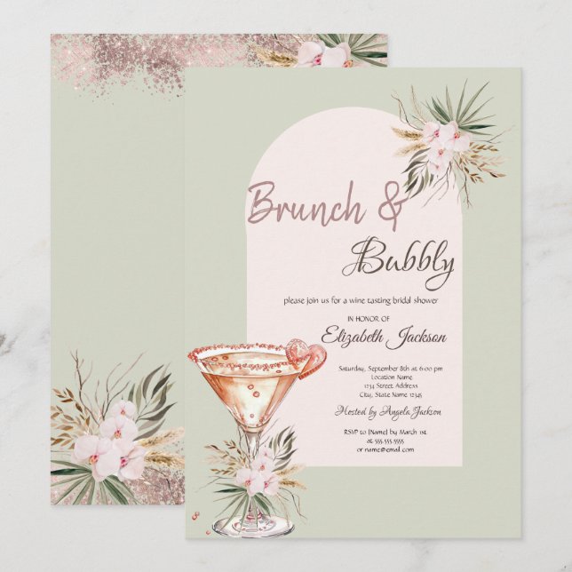 Convites Coração Martini Boho Flores Brunch & Espumante (Frente/Verso)