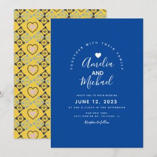 Convites Coração Mediterrâneo Moderno Casamento Azul Amarel