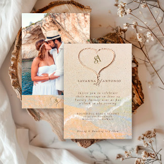 Convites Coração na Areia Boho Foto Casamento de Destino na